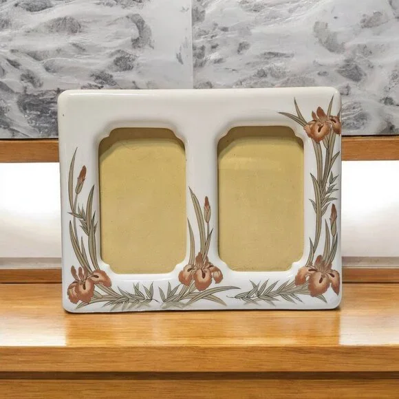 Vtg Picture Frame Porcelain Orchid Orange Floral Metallic Copper Accents Japan - Picture 3 of 10